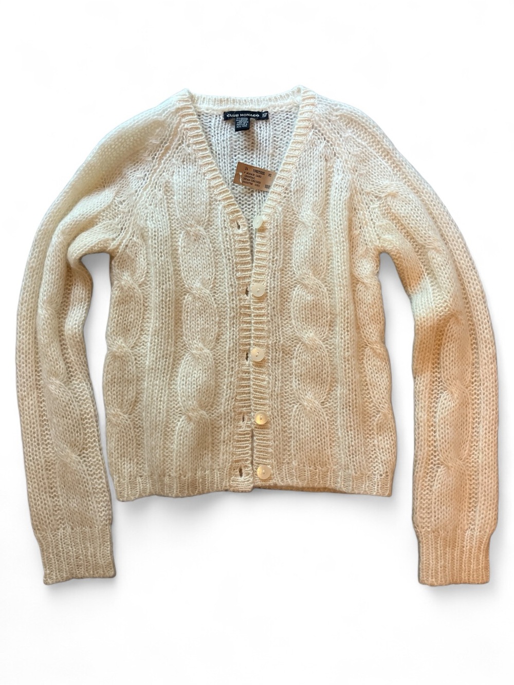 Club Monaco Ivory Cable Knit V-Neck Button Cardigan